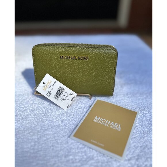 Michael Kors Smokey Olive Small Pebbled Leather Wallet Card Case 32F9GJ6D0L - Picture 1 of 12